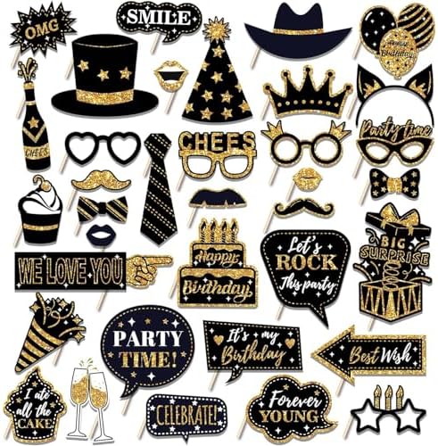 36Pcs Birthday Photo Booth Props Kit with Glitter