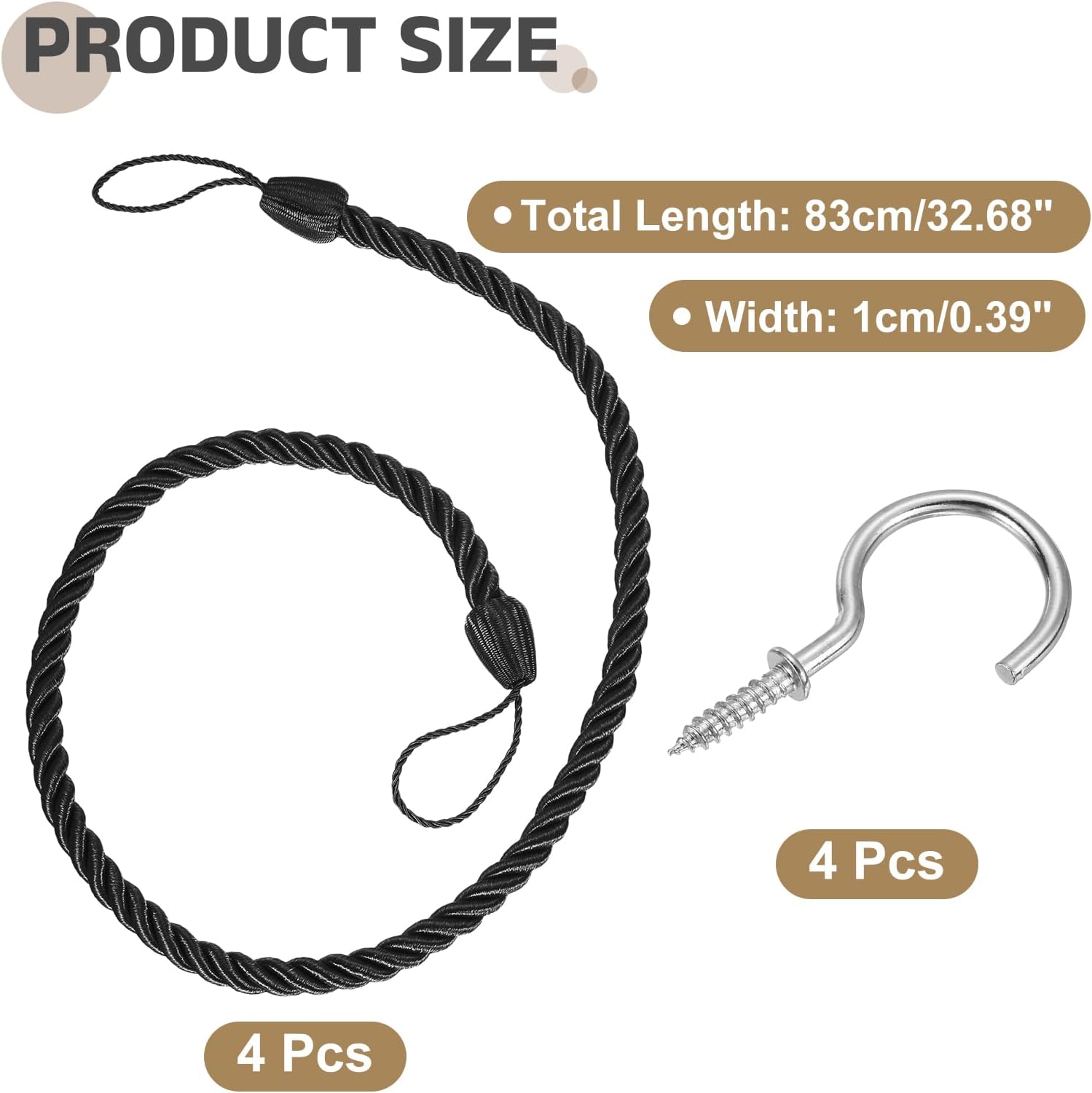 Uxcell 4 Pack Curtain Tiebacks with Metal Hooks Black