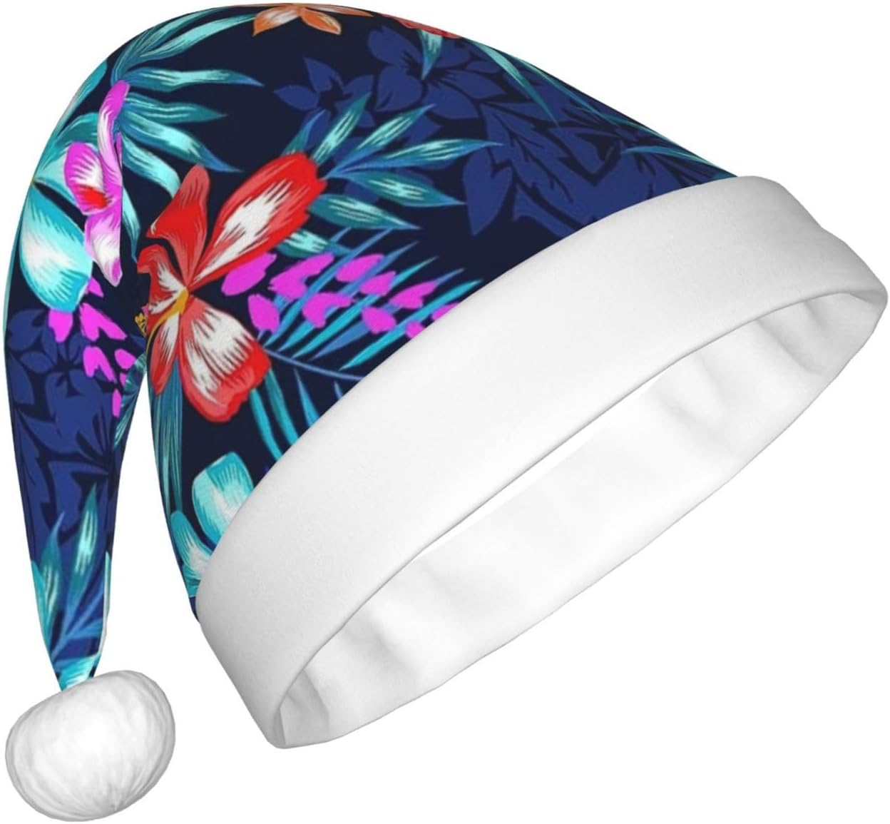 QINZHENG Personalized Floral Blue Santa Hat for Women Adult Christmas Headwear