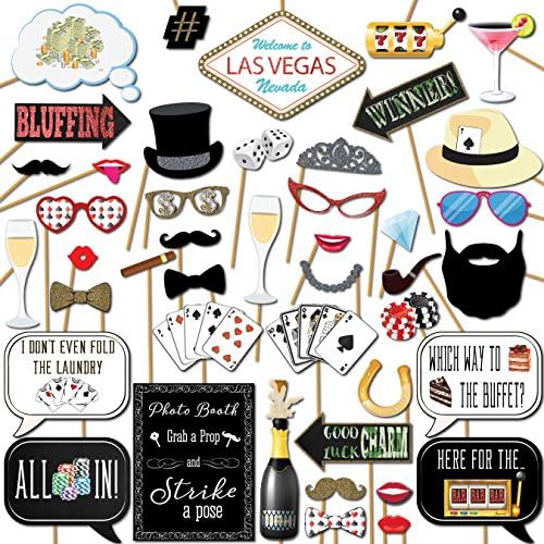 Casino Party Photo Booth Props Set - 41 Piece with Sign and Sticks