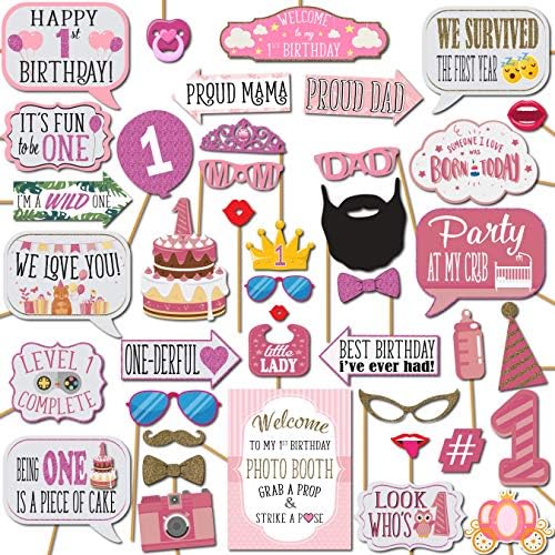 1st Birthday Photo Booth Props - 41 Piece Kit with Sign Sticks Adhesive Pads