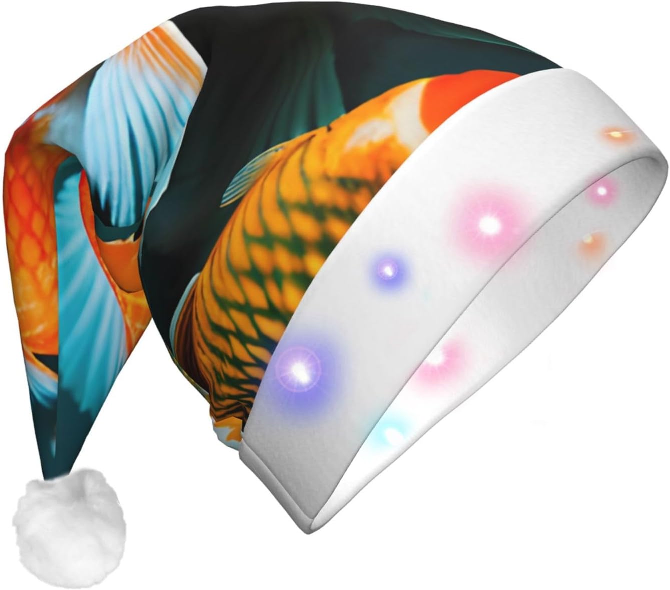 QinZheng HD Japanese Koi Fish Print Velvet Santa Hat with LED Lights