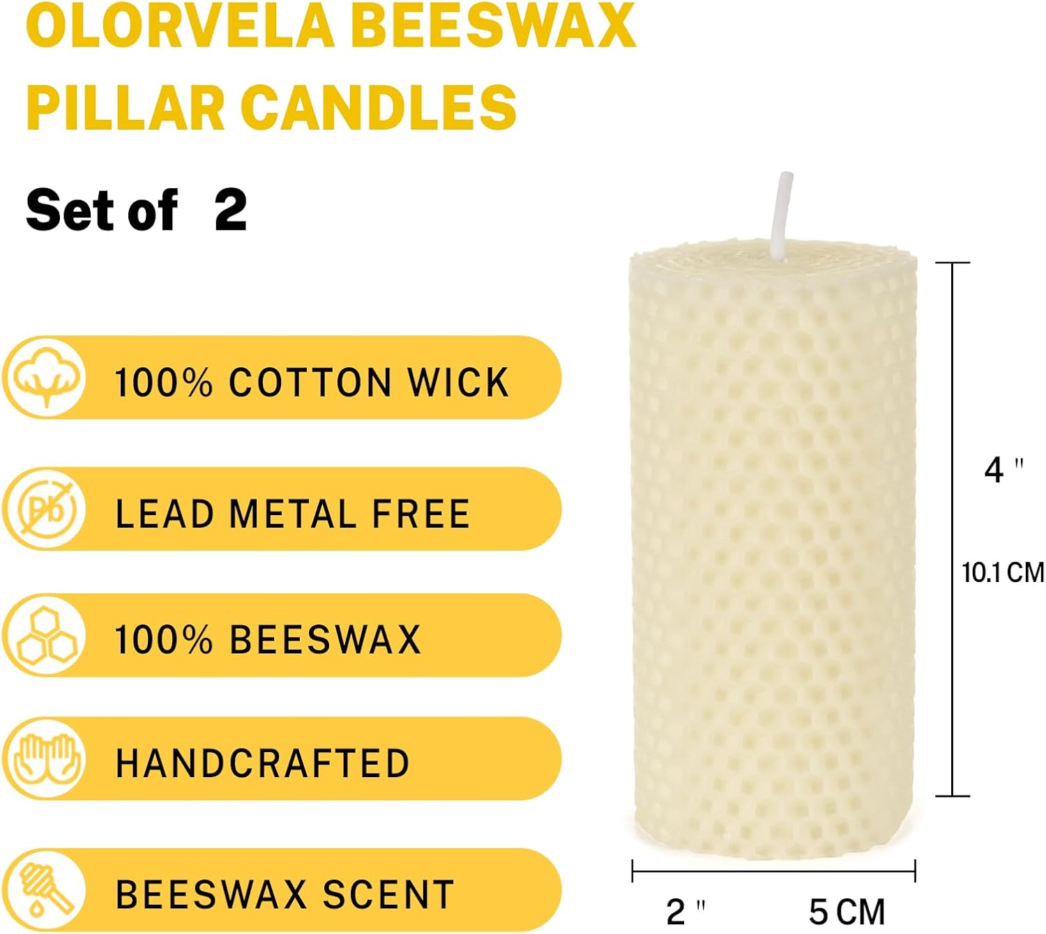 2x4 Inch Natural Beeswax Pillar Candles - 2 Pack 36 Hour Burn Time