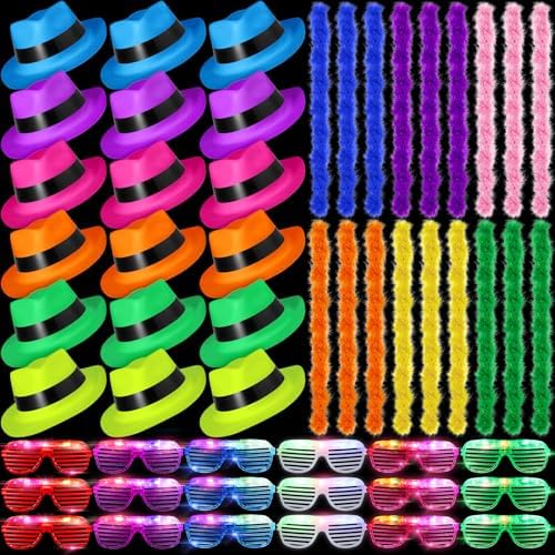 54 Piece Halloween Neon Party Kit with LED Glasses and Gangster Hats
