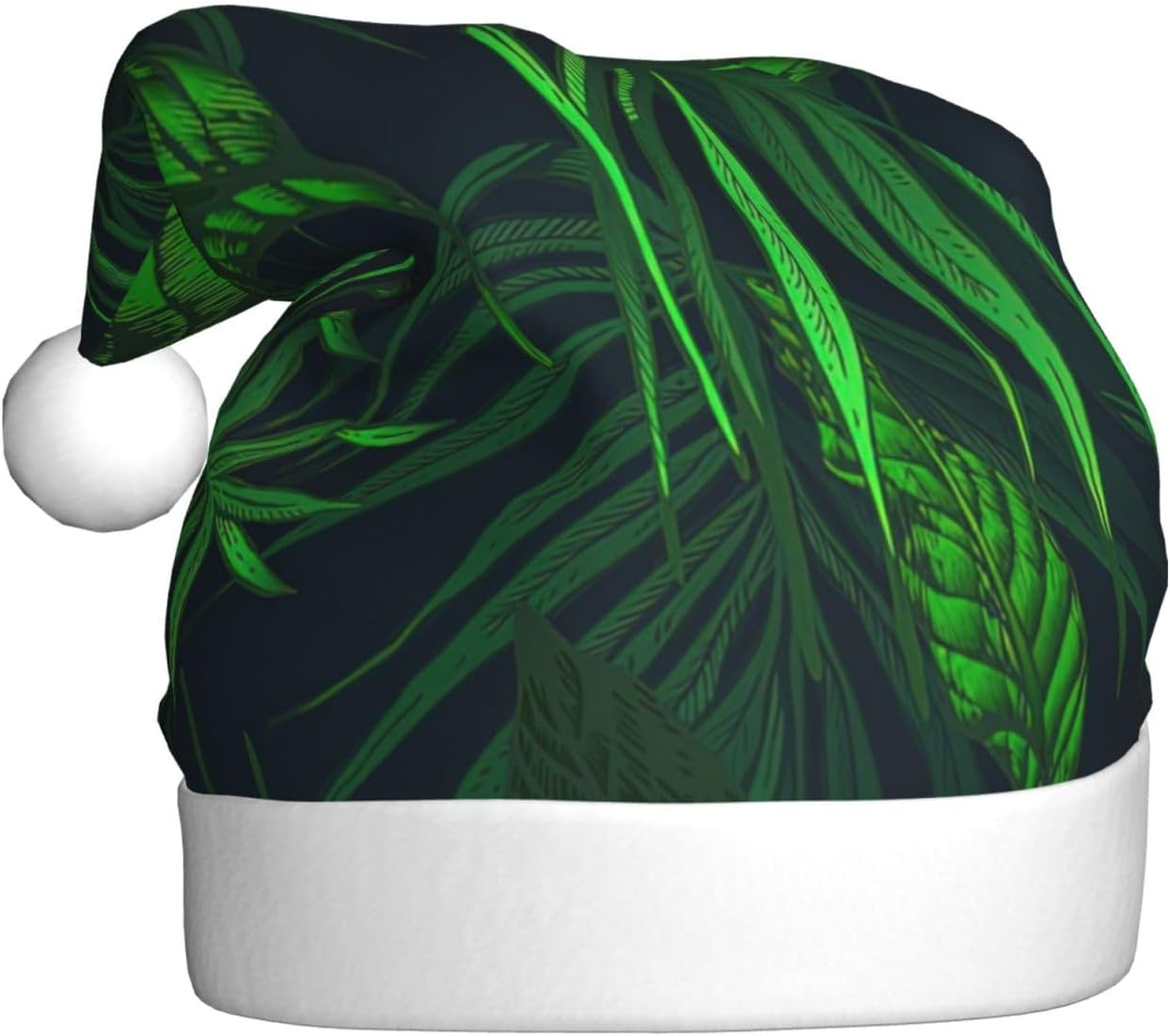 QinZheng Green Tropical Plant Print Santa Hat for Women Adult