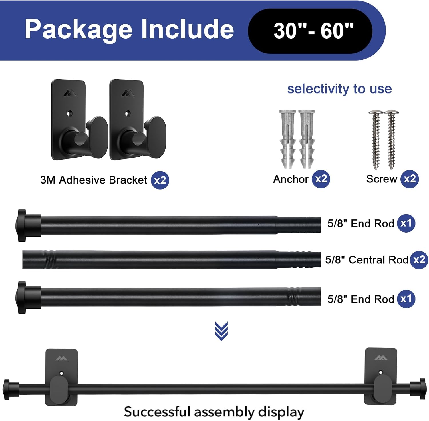 ZNONOX No Drill Curtain Rods 58 Inch Black