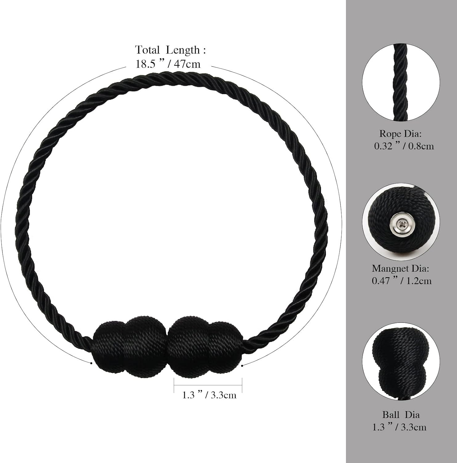 Magnetic Curtain Tiebacks 4 Pack Black Elegant Holders for Curtains