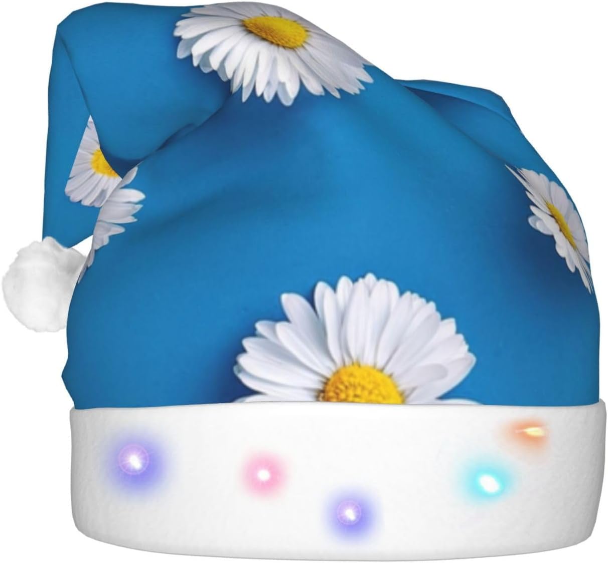 QINZHENG White Daisy Print LED Santa Hat for Adults Christmas Party