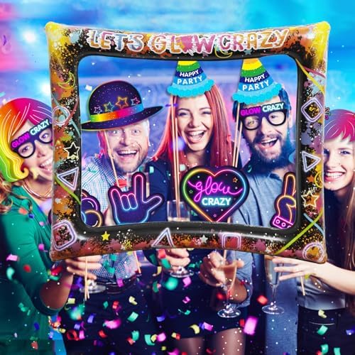 25pcs Neon Glow Party Photo Booth Props with Lets Glow Inflatable Selfie Frame