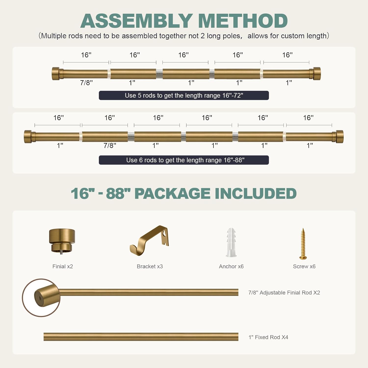 Warm Gold Brass Curtain Rod with Solid Metal Finials 1 Diameter