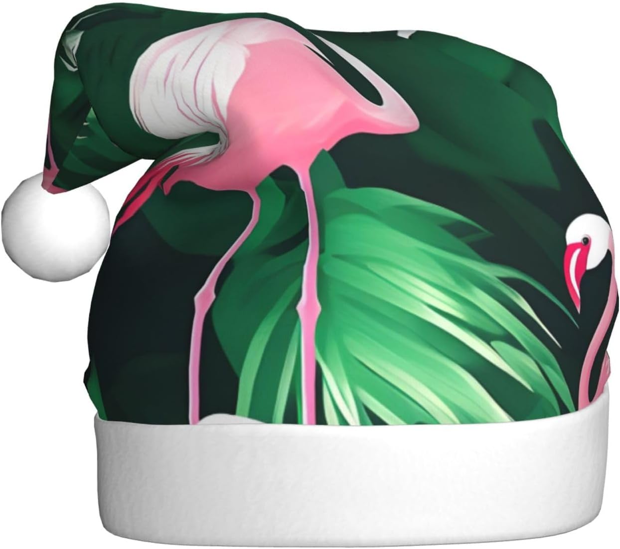 QINZHENG Flamingo Bird Green Leaf Print Santa Hat for Women