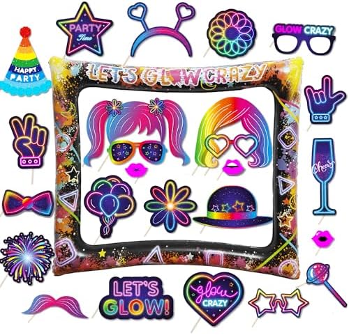 25pcs Neon Glow Party Photo Booth Props with Lets Glow Inflatable Selfie Frame