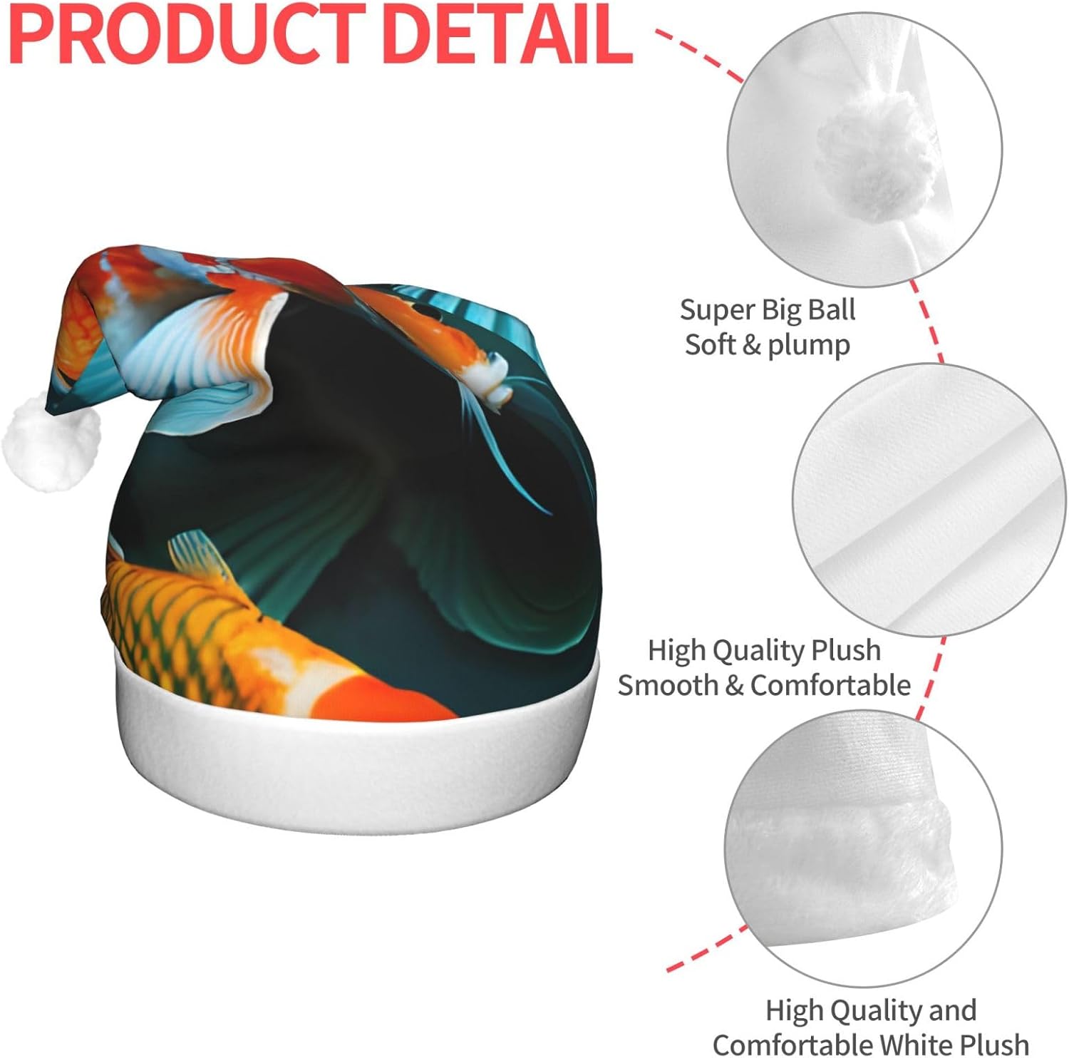 QinZheng HD Japanese Koi Fish Print Velvet Santa Hat with LED Lights