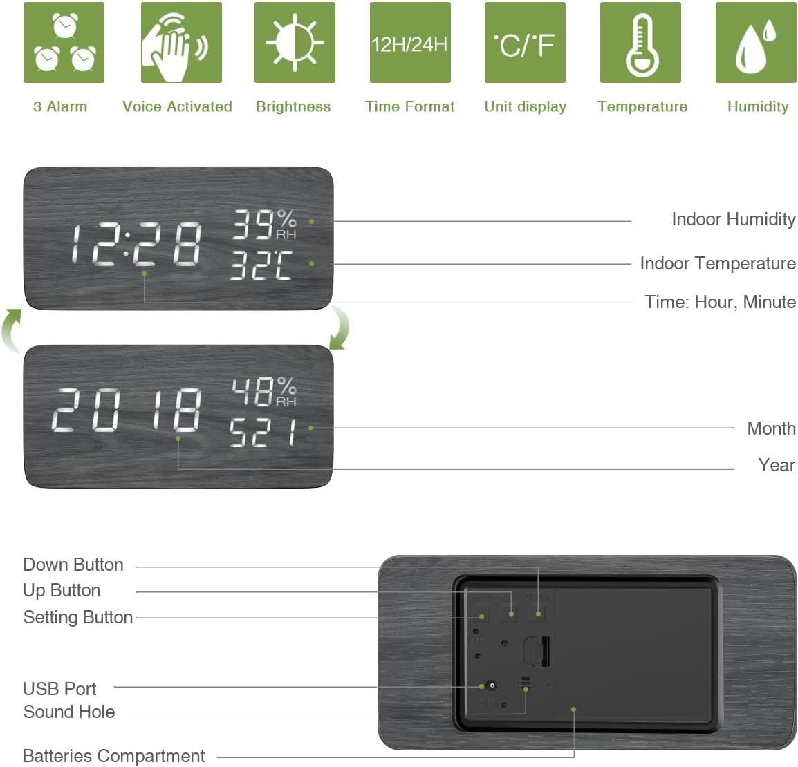 KeeKit Digital Wooden Alarm Clock with Voice Control