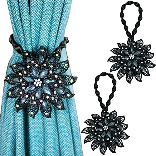 2PCS Magnetic Curtain Holdbacks with Crystal Flower Design Black