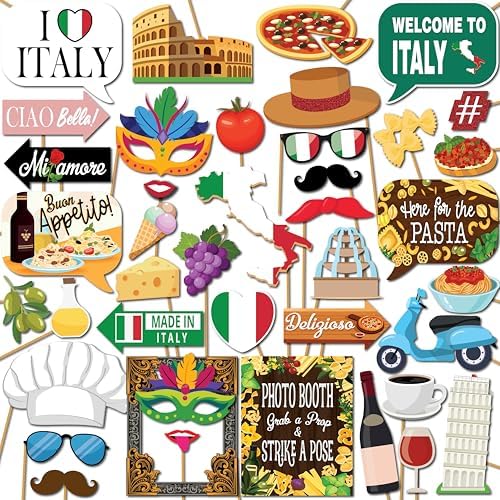 Italian Photo Booth Props 41-Piece with Sign and Sticks