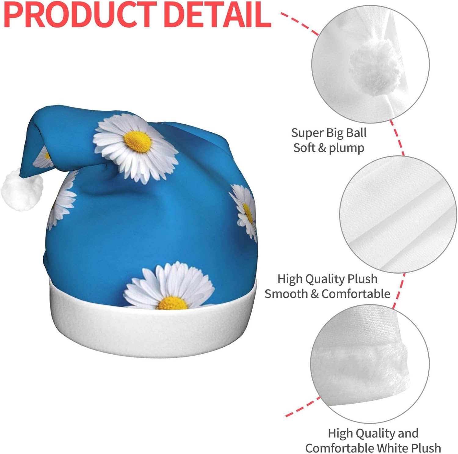 QINZHENG White Daisy Print LED Santa Hat for Adults Christmas Party