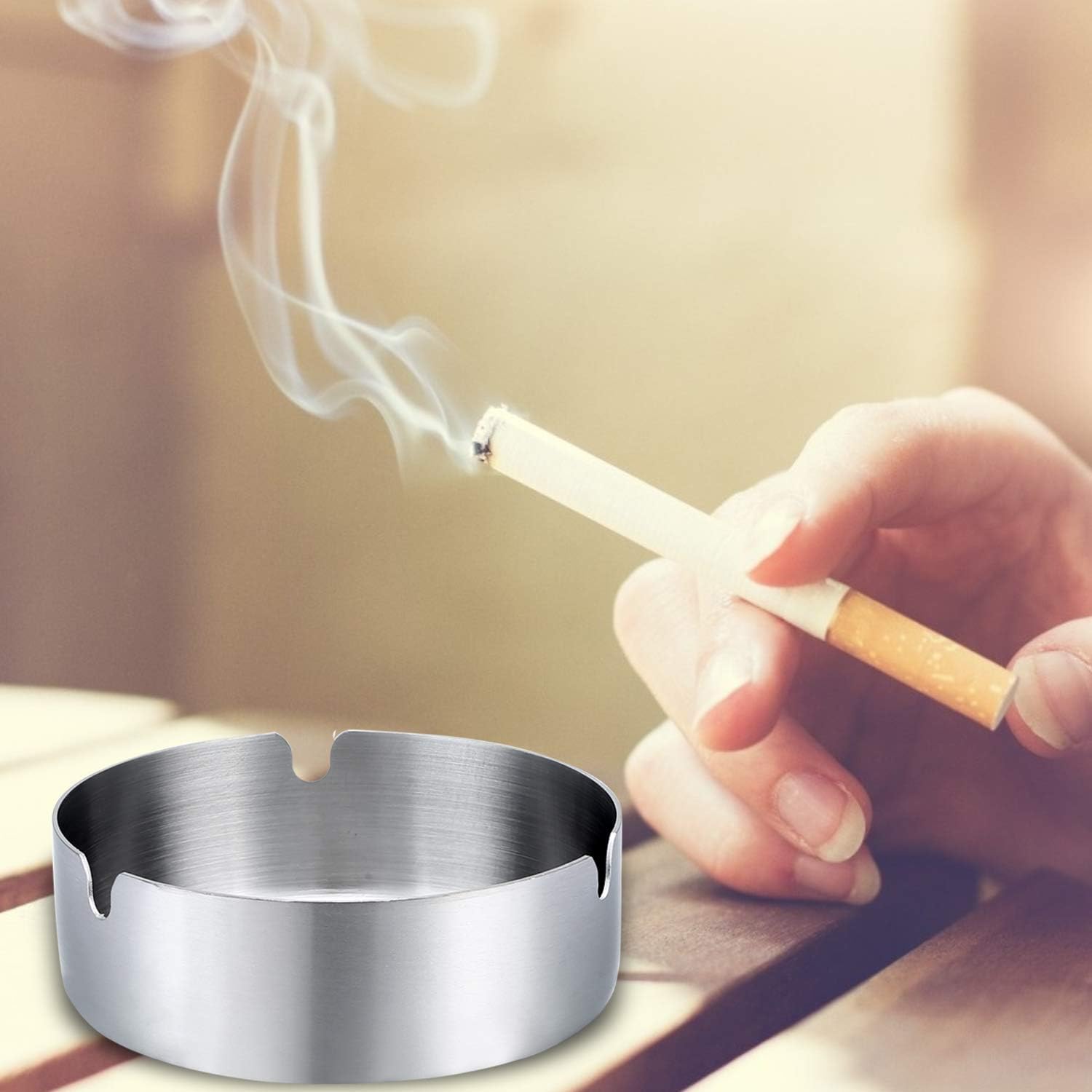 Pack of 3 Round Stainless Steel Cigar Ashtrays for Home Use