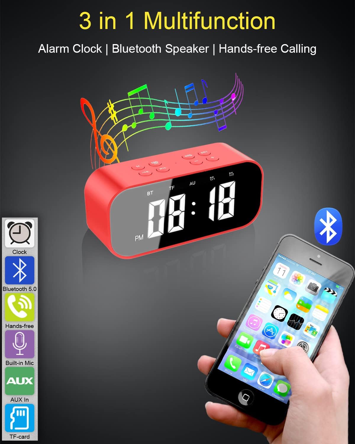 AFK Alarm Clock with Bluetooth Speaker and LED Display