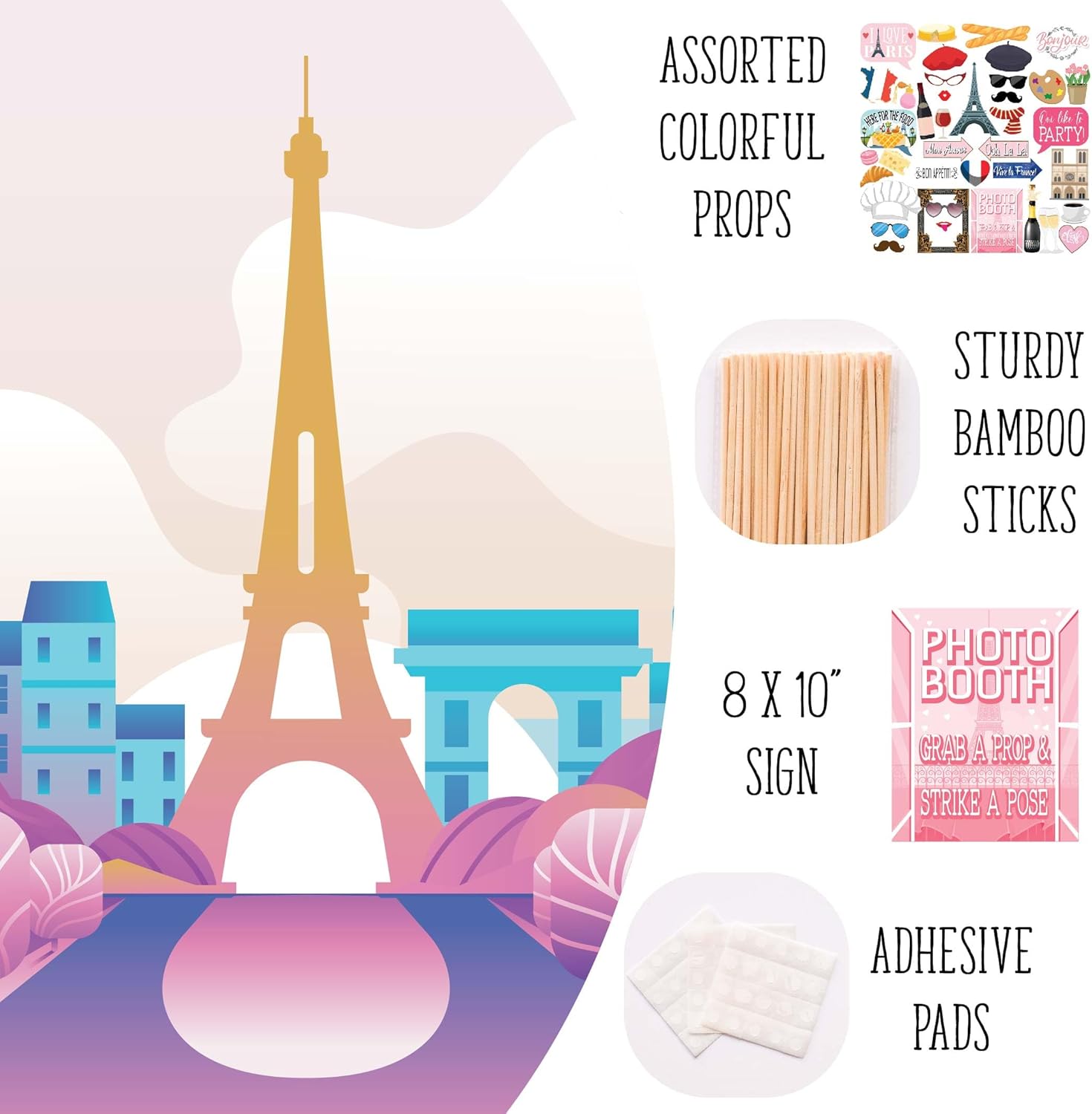 Paris Photo Booth Props 41-Pc Kit with Sign Sticks and Adhesive Pads