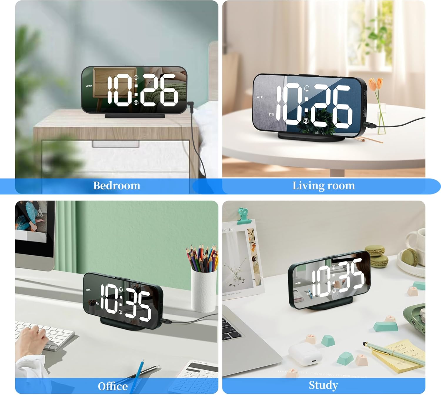 SMOUPING Digital Alarm Clock with USB Ports and Mirror Display