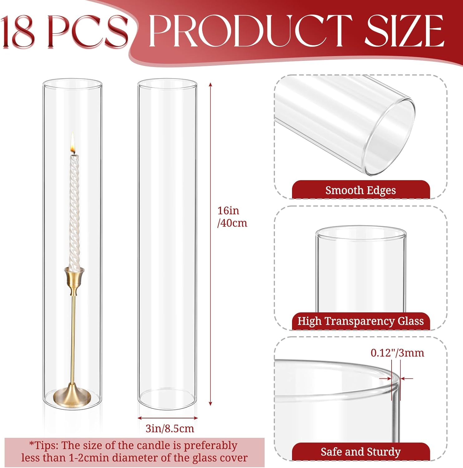 18 Pcs Open Ended Clear Glass Hurricane Candle Holders