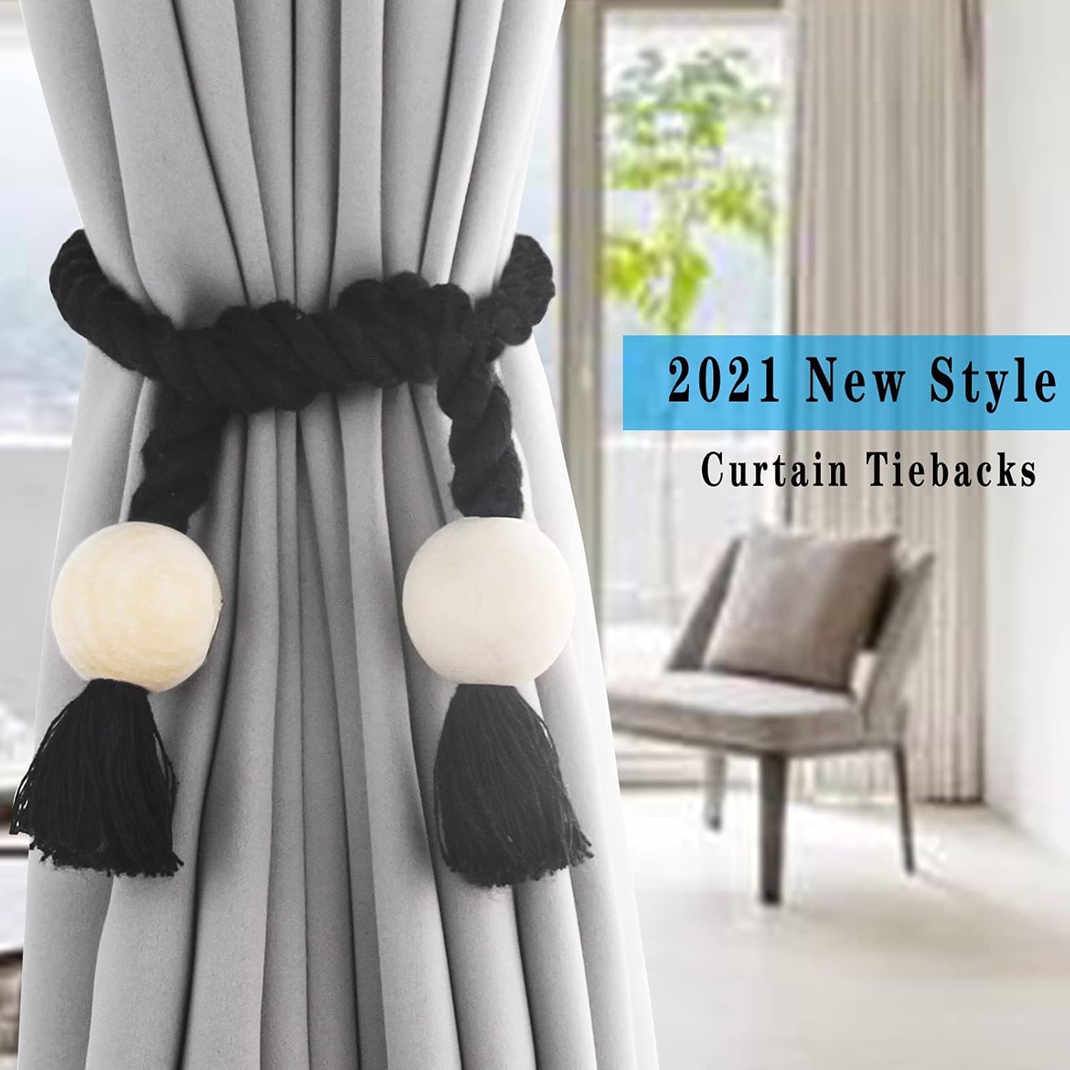 6 Pack Black Magnetic Curtain Tiebacks with Wooden Buckle