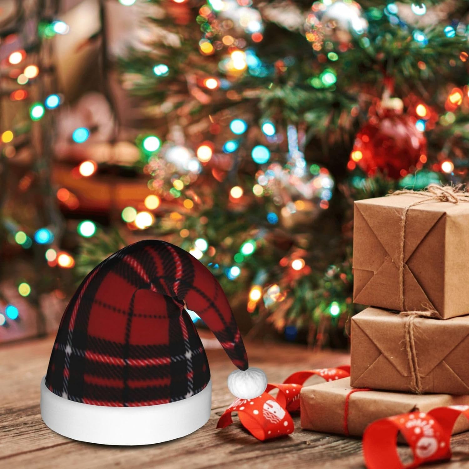 QINZHENG Red Black Plaid Santa Hat Christmas Gift