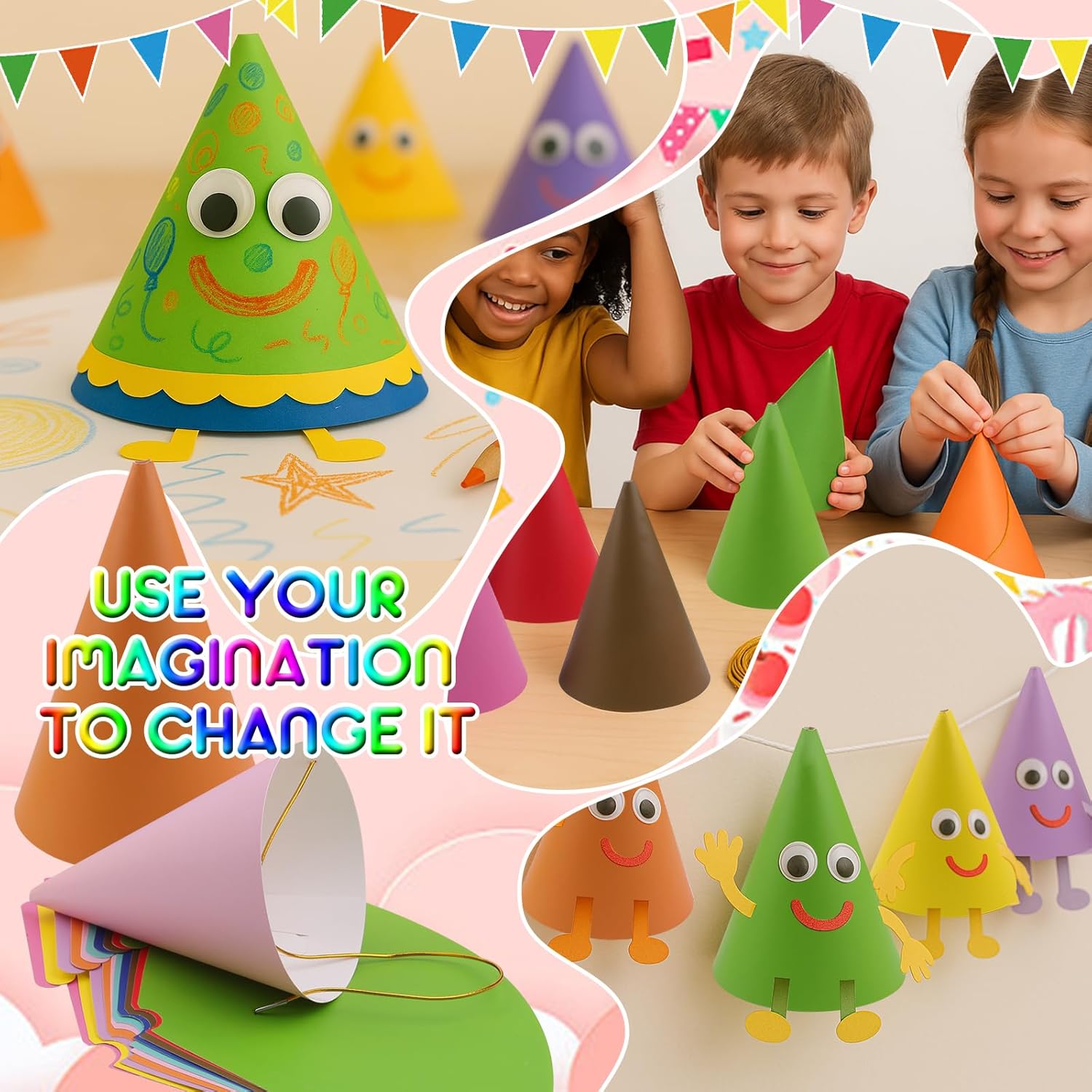 20 Pcs Pastel Rainbow Cone Hats with Elastic Cord