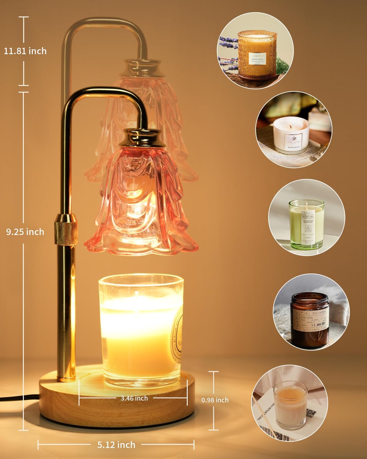 SupBri Candle Warmer Lamp with Timer and Dimmer Adjustable Height Pink Design