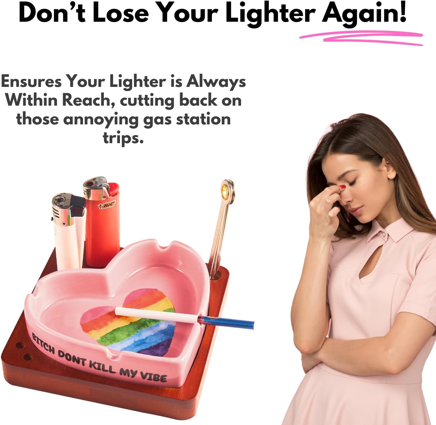 Cute Pink Heart Ceramic Ashtray with Lighter Holder