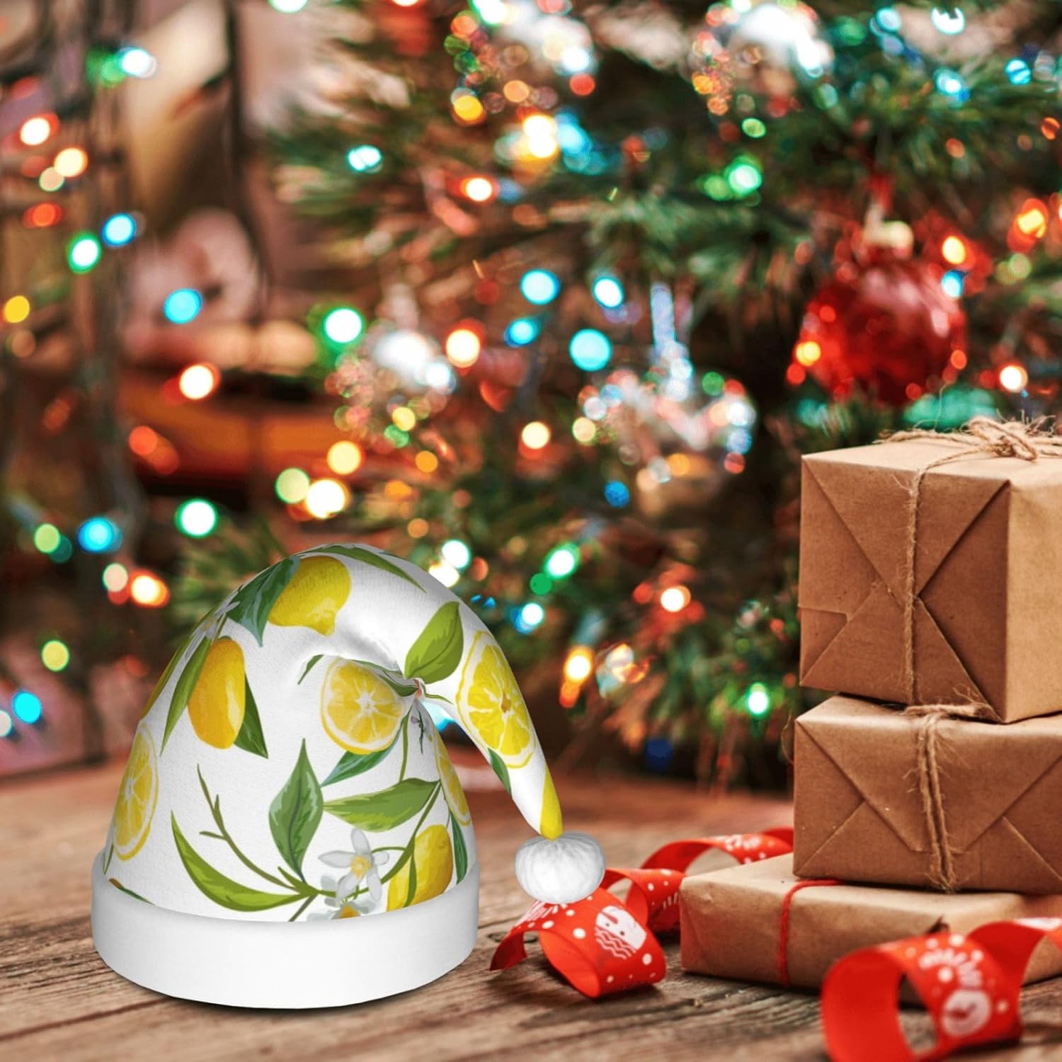 QINZHENG Personalized Santa Hat with Fresh Tropical Lemons Print