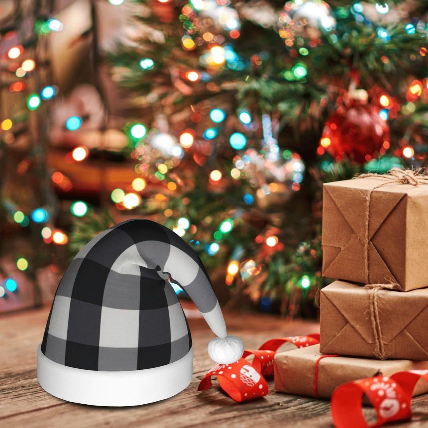 Personalized Santa Hat Black White Plaid Velvet Christmas Gift for Women