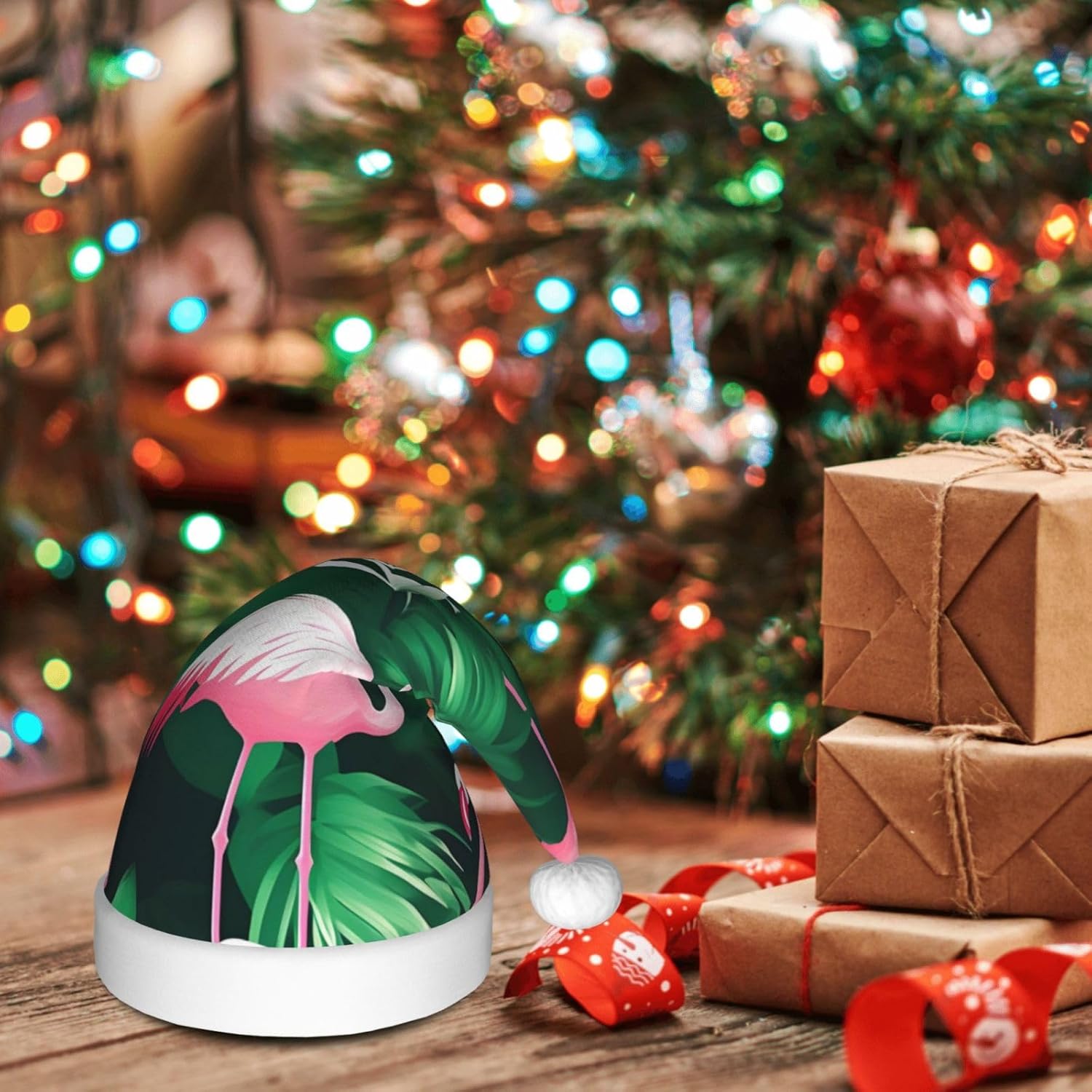 QINZHENG Flamingo Bird Green Leaf Print Santa Hat for Women