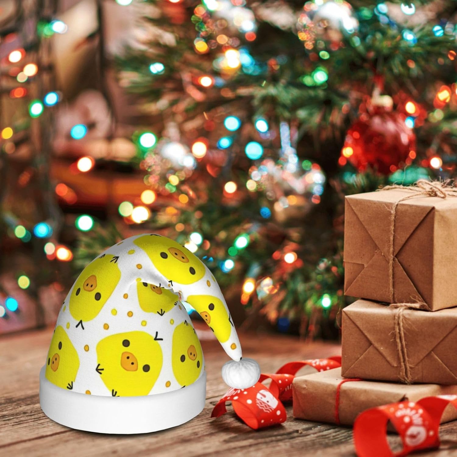 QINZHENG Personalized Santa Hat with Yellow Chicken Print