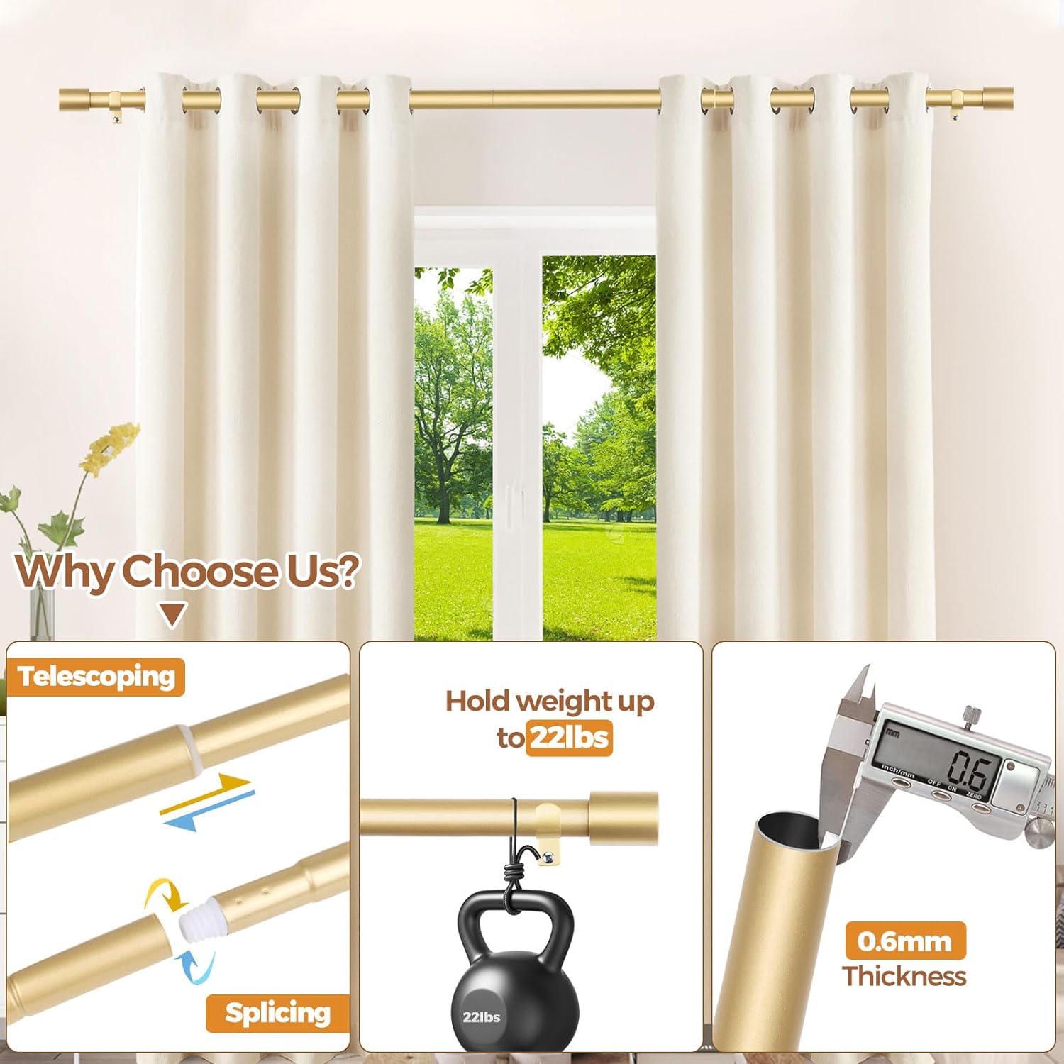 TONIAL Gold Curtain Rods 32-58 Inch Adjustable Single Rod with Modern Cap