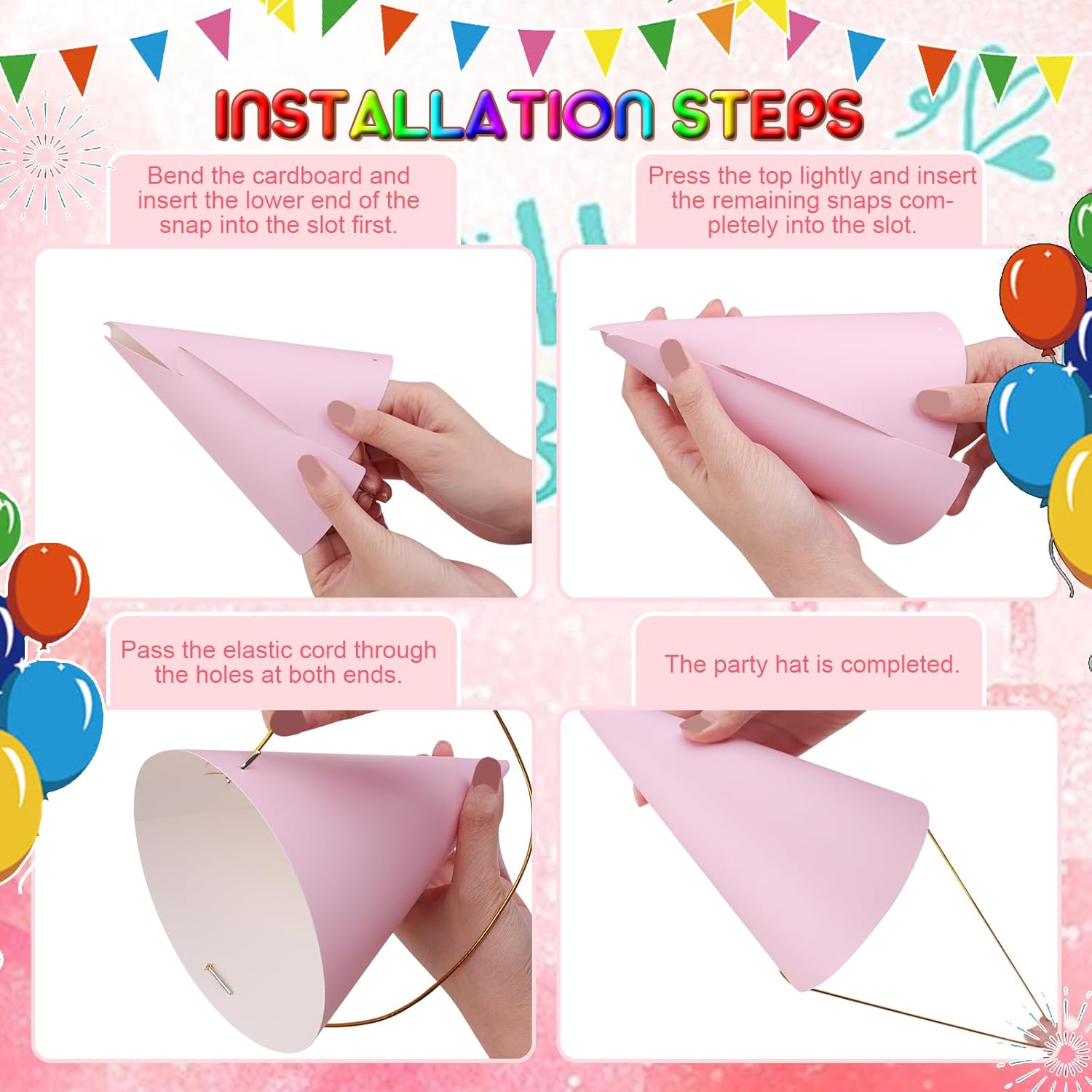 20 Pcs Pastel Rainbow Cone Hats with Elastic Cord
