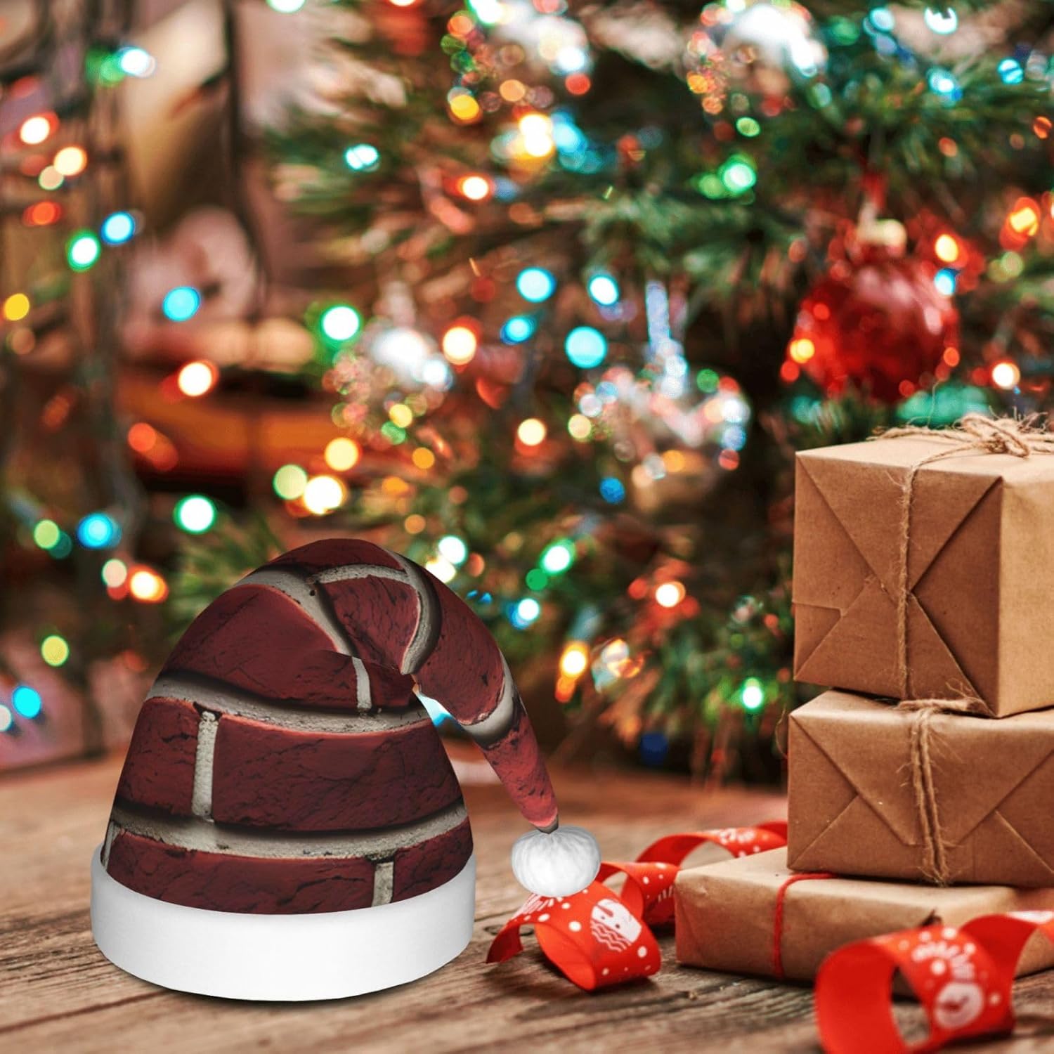 Personalized Santa Hat with Brick Red Stone Print