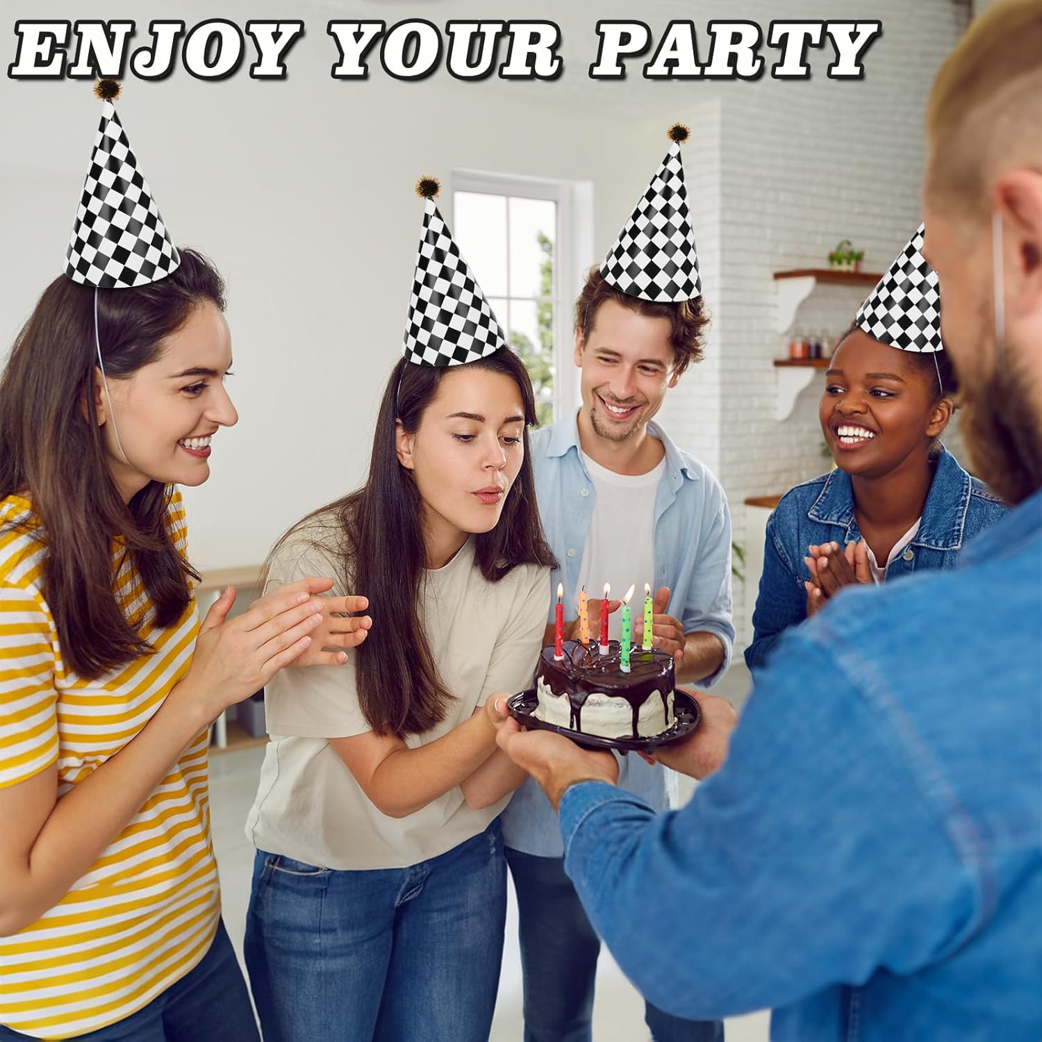 60PCS Race Car Themed Paper Cone Hats with Pom Poms and Elastic