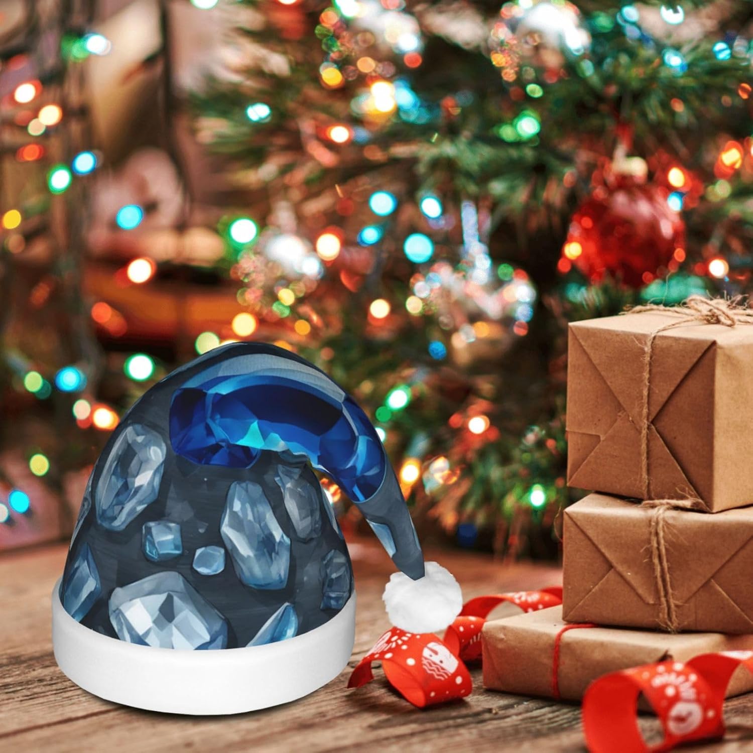 QINZHENG Blue Crystal Print Santa Hat with LED Lights for Christmas Party