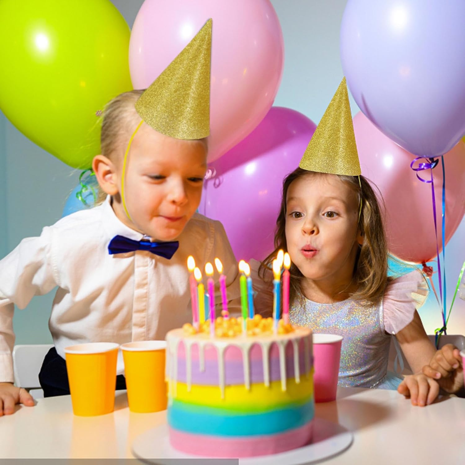 12 Pcs Cone Glitter Birthday Hats with Gold Ropes