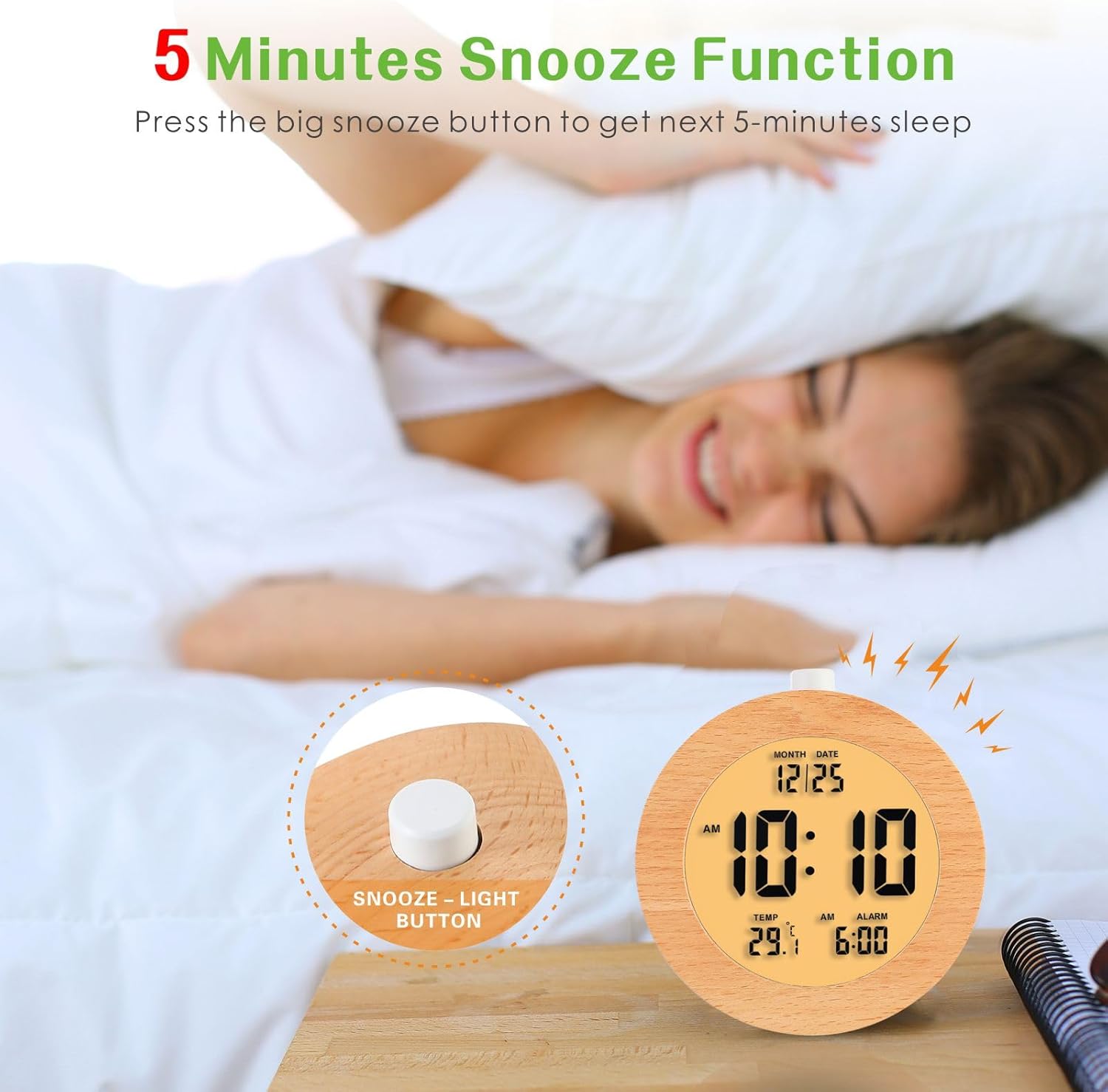Plumeet Wooden Digital Alarm Clock with Nightlight