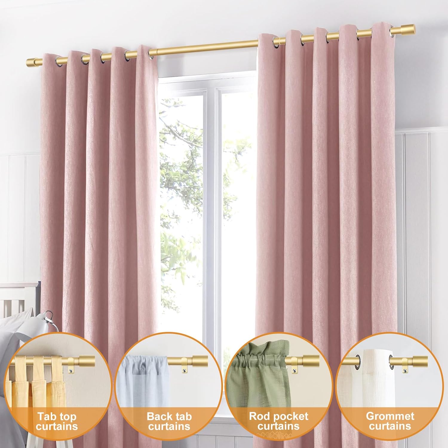 TONIAL Gold Curtain Rods 32-58 Inch Adjustable Single Rod with Modern Cap