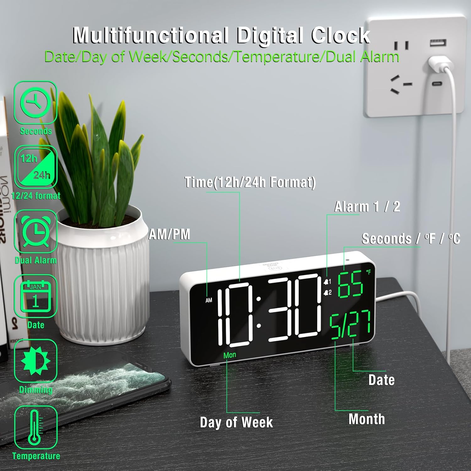 KOSUMOSU 67in Digital Alarm Clock with Auto Dimming