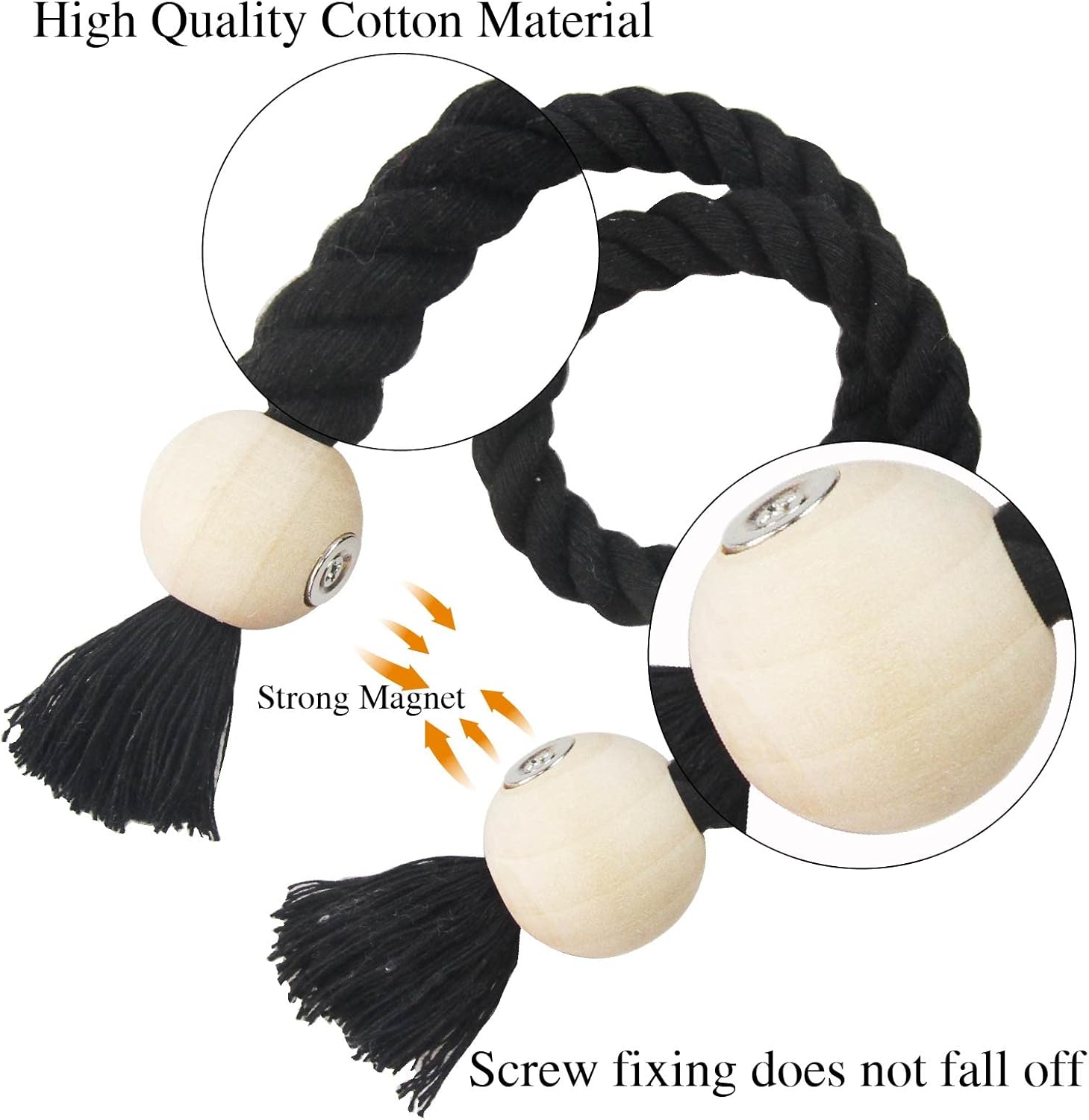 6 Pack Black Magnetic Curtain Tiebacks with Wooden Buckle