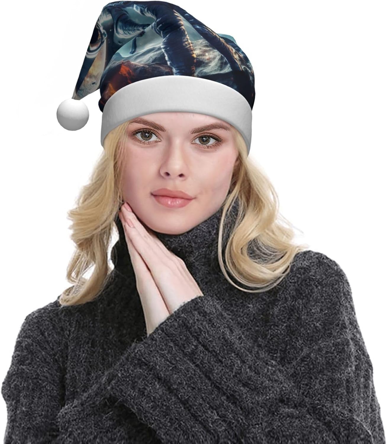 QINZHENG Galaxy Print Santa Hat for Women