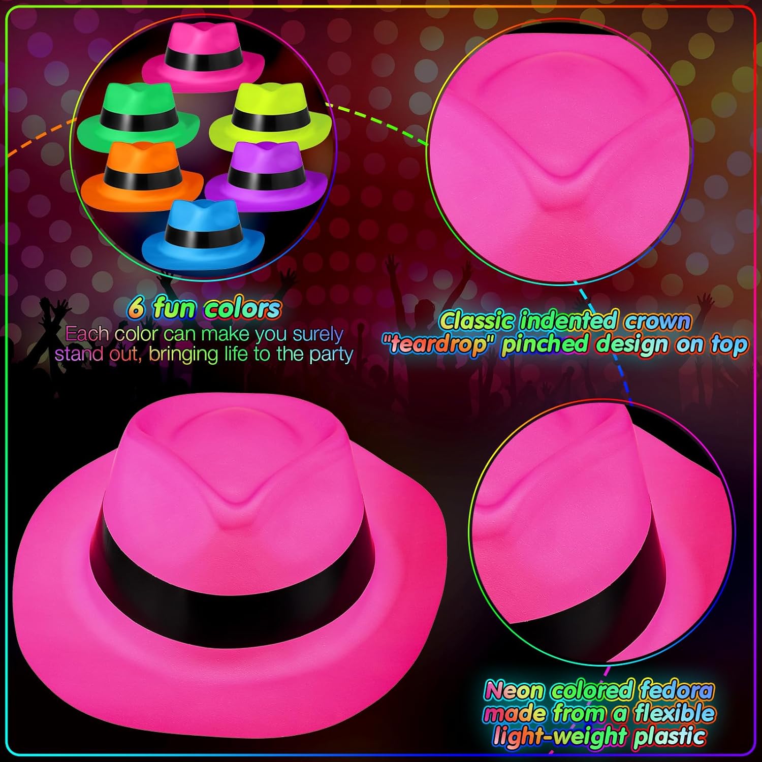 54 Piece Halloween Neon Party Kit with LED Glasses and Gangster Hats