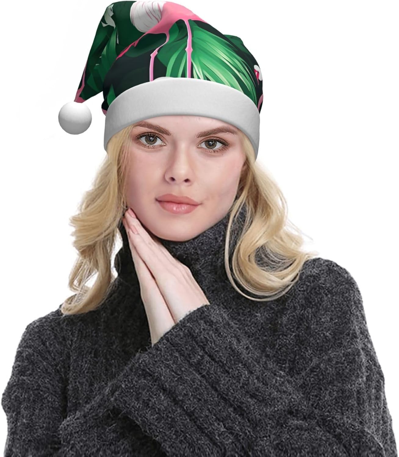 QINZHENG Flamingo Bird Green Leaf Print Santa Hat for Women
