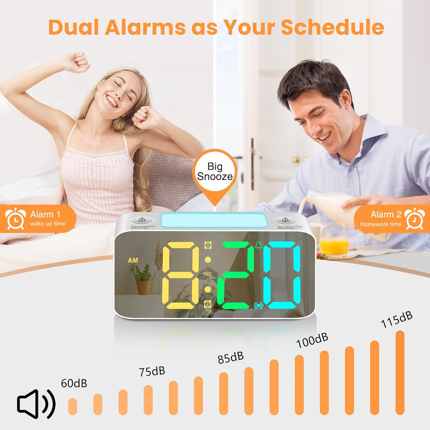 Loud Vibrating Alarm Clock with Bed Shaker and RGB Display