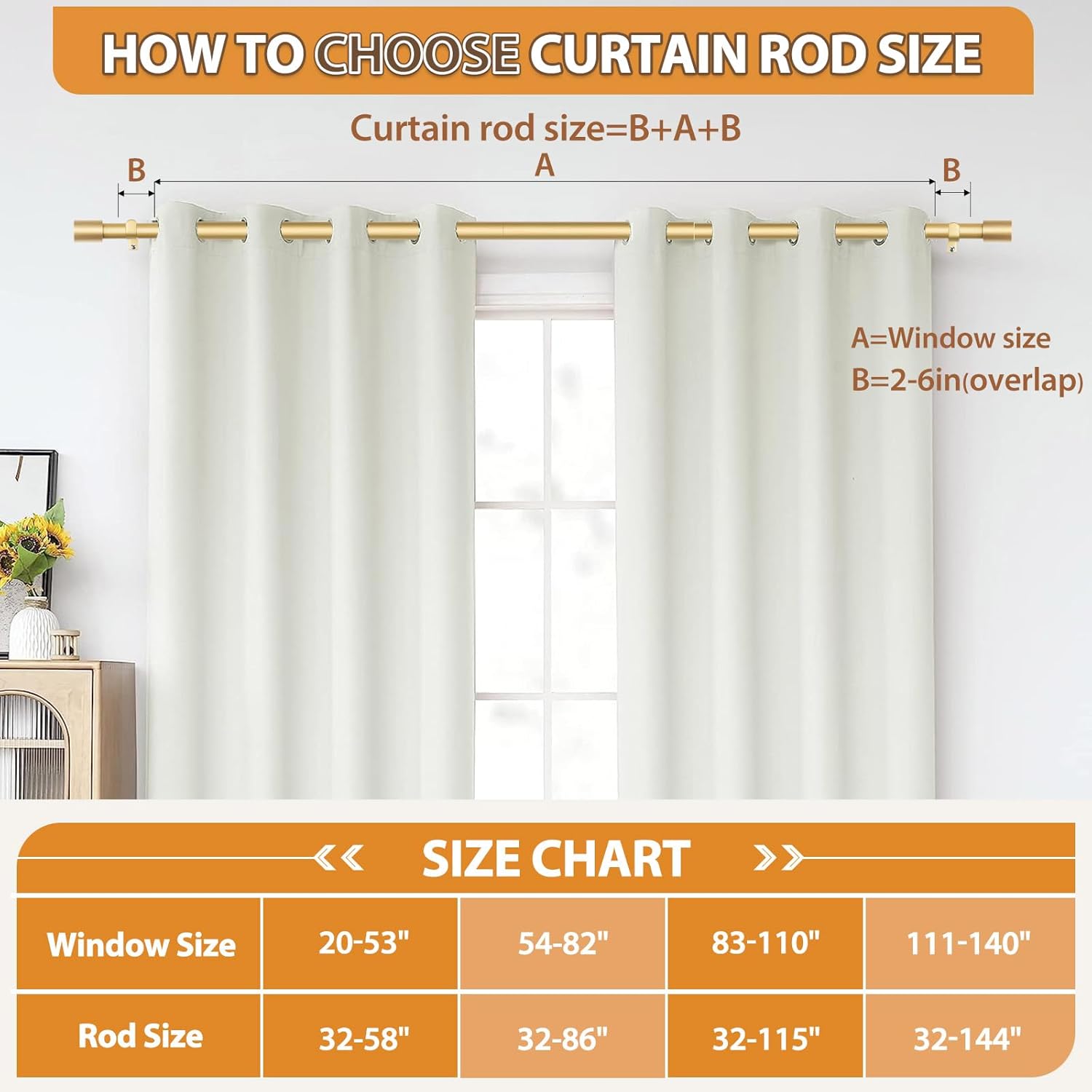 TONIAL Gold Curtain Rods 32-58 Inch Adjustable Single Rod with Modern Cap